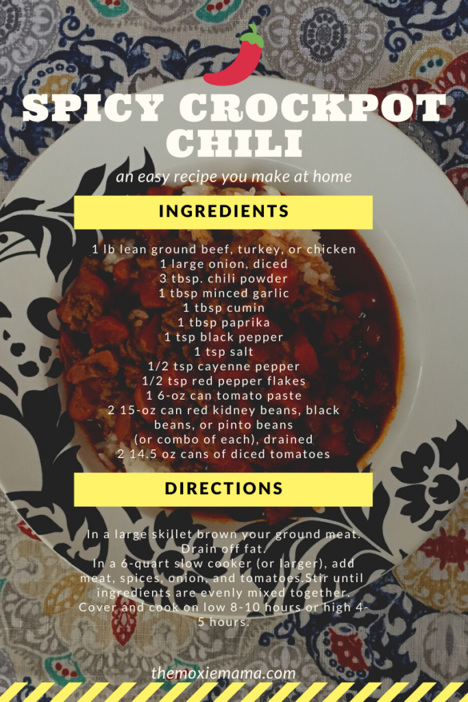 spicy crockpot chili recipe that uses meat, onion, garlic, pepper flakes, water, tomato paste, diced tomatoes, beans, chili powder, black pepper, salt, cayenne pepper, and cumin.