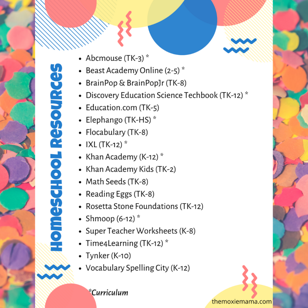 A list of resources for schooling kids at home. #Homeschool #homeschooling #schoolshutdown #education #k-12education