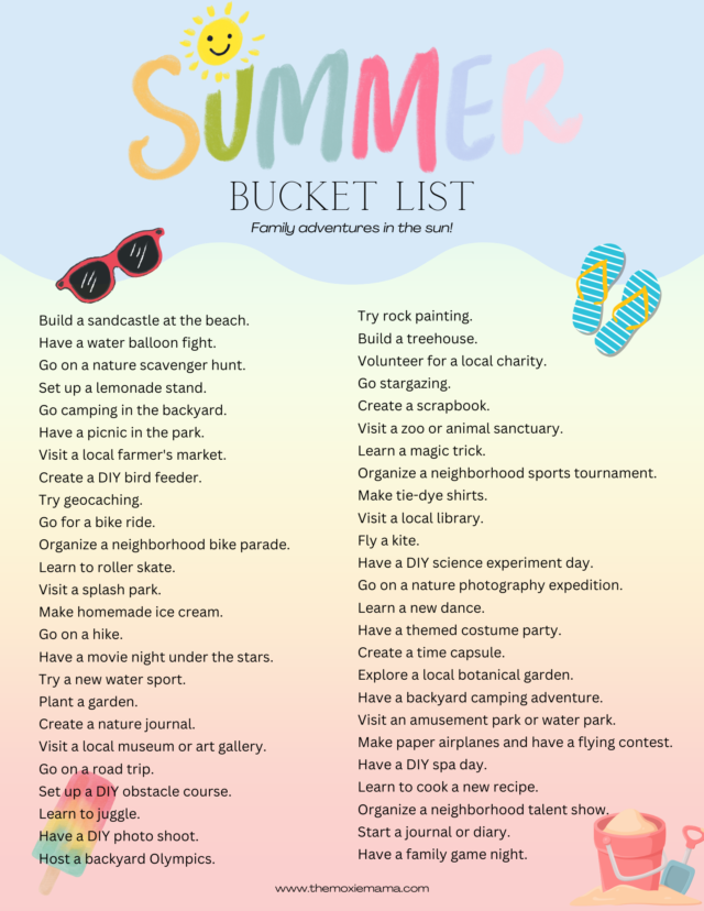 Summer is HERE! To make the most of this precious time, consider creating a family summer bucket list—a compilation of experiences and goals that everyone can look forward to and accomplish together. Continue reading at www.themoxiemama.com