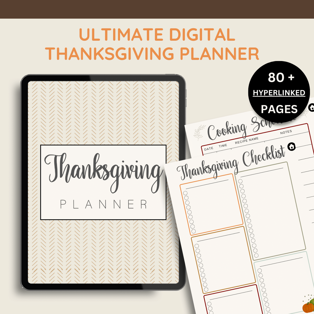 Transform your holiday season with our 80+ Page Thanksgiving Digital Planner, a beautifully crafted 8.5"x11" PDF that serves as the ultimate organizer for your meal prep and celebration planning. Experience the joy of effortless holiday coordination and let the scent of roasted turkey and pumpkin pie guide you as you create cherished memories—don't wait to elevate your Thanksgiving festivities; grab your planner today!